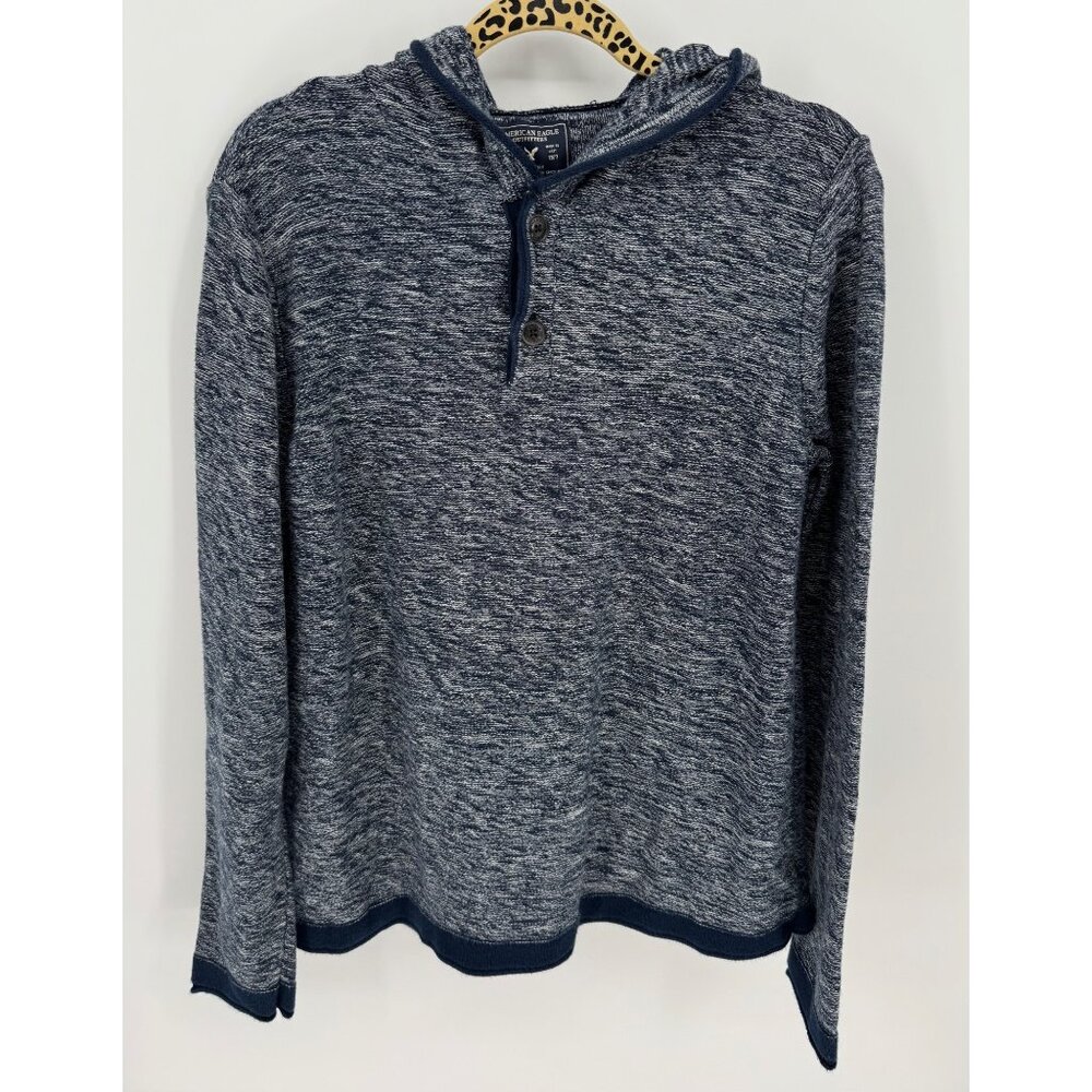 American Eagle Mens XL Marled Blue Knit Hoodie Sweater